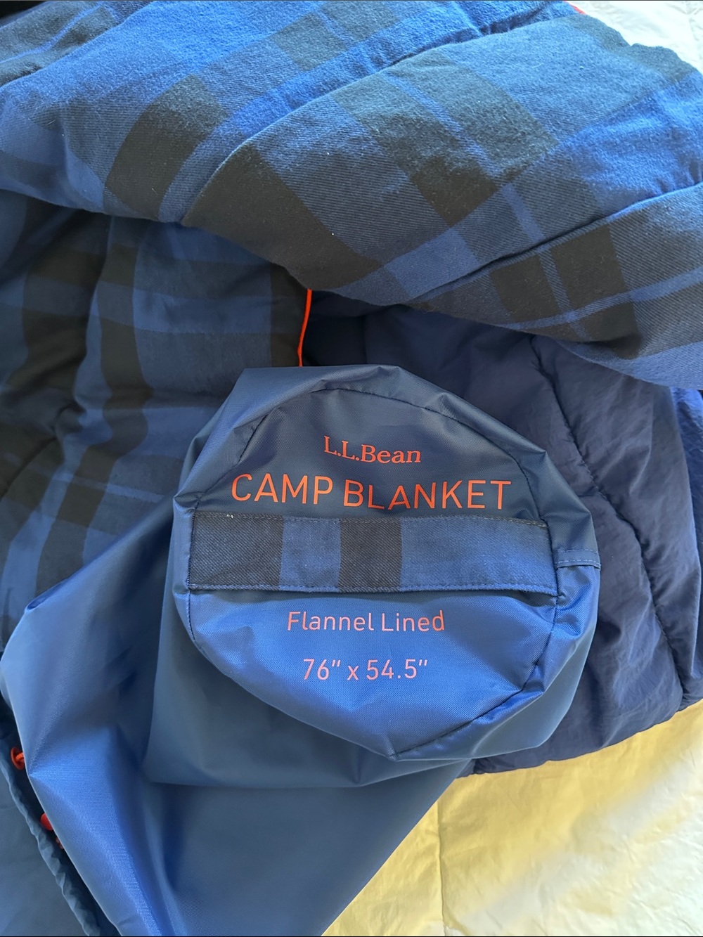 L.L. Bean Blue Plaid Flannel-Lined Camp Blanket - Never Used